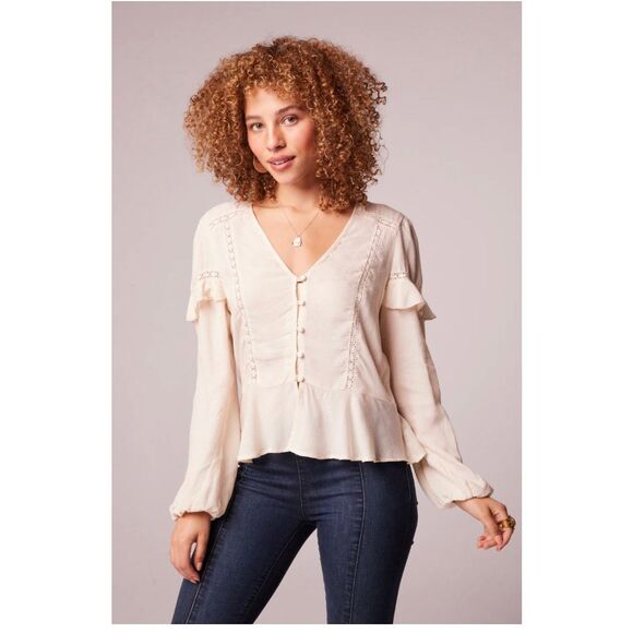 Band of the Free Sandy Cream Long Sleeve Ruffled Boho Top S - Picture 1 of 5